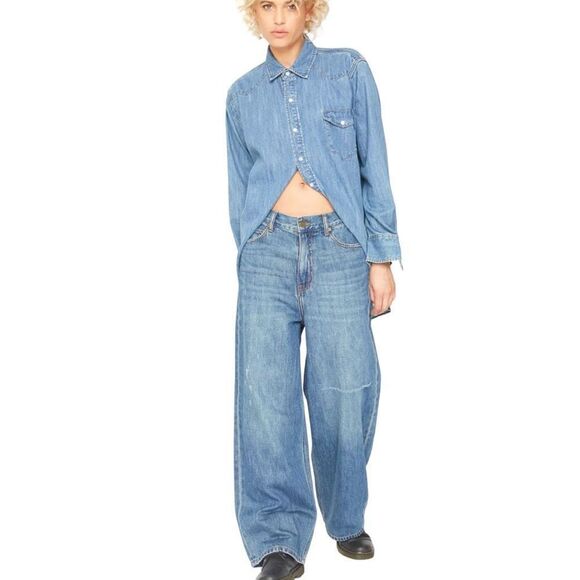 SANDRINE ROSE Women's Blue Hi Rise Wide Leg Distressed Denim Jeans Size 28 NWT - Picture 1 of 13